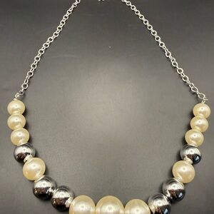 Pearl and Silver Bead Statement Necklace - Cream/Silver. 28” Total Chain Length